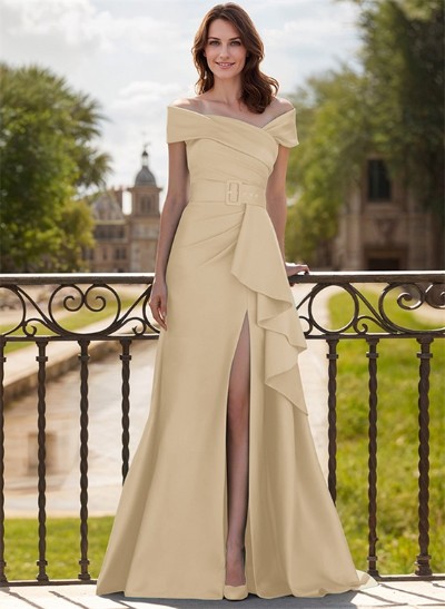 A-Line Off-The-Shoulder Satin Mother Of The Bride Dresses With Cascading Ruffles