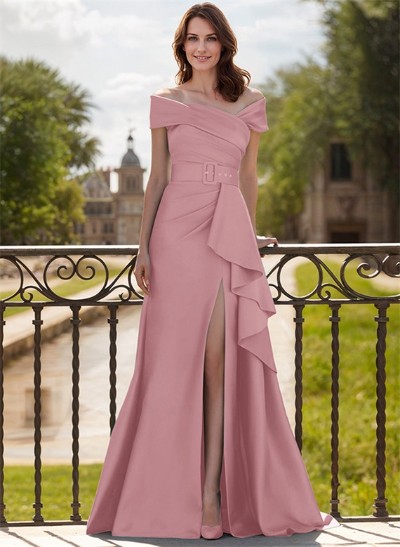 A-Line Off-The-Shoulder Satin Mother Of The Bride Dresses With Cascading Ruffles