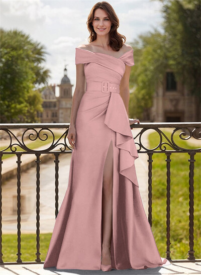 A-Line Off-The-Shoulder Satin Mother Of The Bride Dresses With Cascading Ruffles