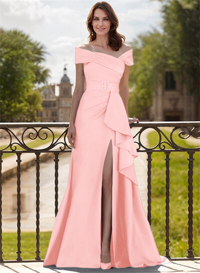 A-Line Off-The-Shoulder Satin Mother Of The Bride Dresses With Cascading Ruffles