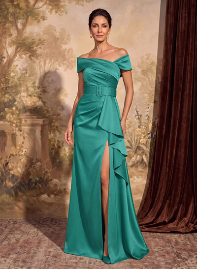 A-Line Off-The-Shoulder Satin Mother Of The Bride Dresses With Cascading Ruffles