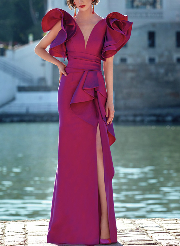 Trompeten-/Meerjungfrauenkleid Aus Satin Mit V-Ausschnitt Und Kaskadierenden Rüschen Für Die Brautmutter Trompeten-/Meerjungfrauenkleid Aus Satin Mit V-Ausschnitt Und Kaskadierenden Rüschen Für Die Brautmutter