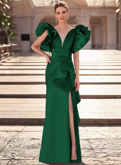 Trumpet/Mermaid V-Neck Satin Evening Dresses With Cascading Ruffles