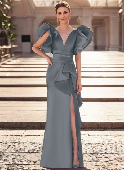 Trumpet/Mermaid V-Neck Satin Mother Of The Bride Dresses With Cascading Ruffles
