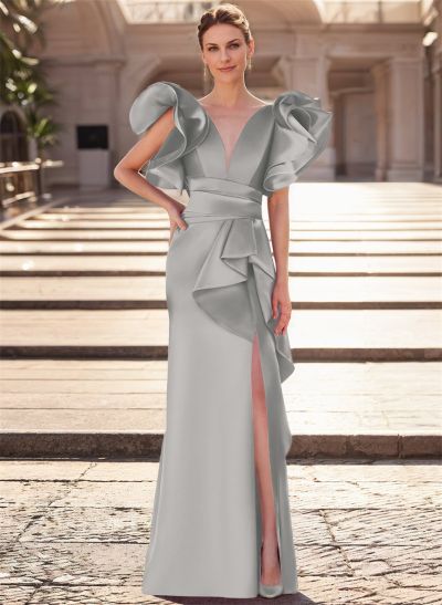 Trumpet/Mermaid V-Neck Satin Mother Of The Bride Dresses With Cascading Ruffles