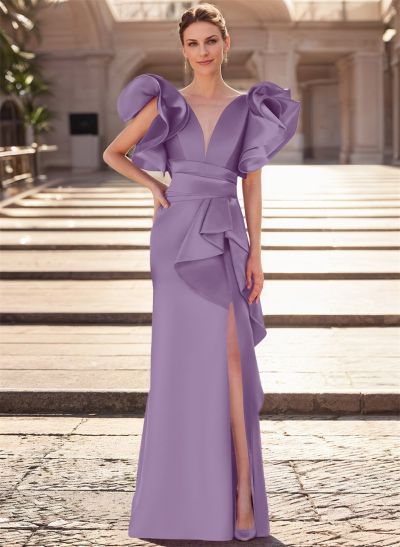 Trumpet/Mermaid V-Neck Satin Mother Of The Bride Dresses With Cascading Ruffles
