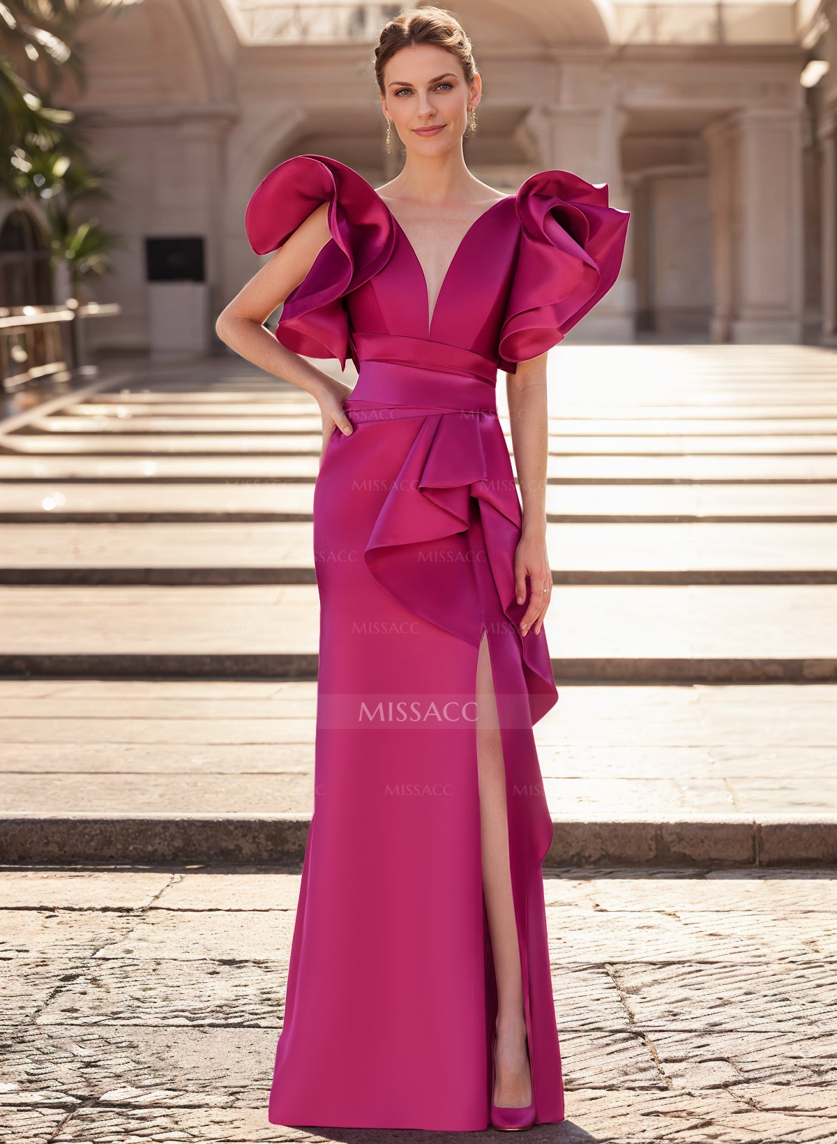 Trumpet/Mermaid V-Neck Satin Mother Of The Bride Dresses With Cascading Ruffles