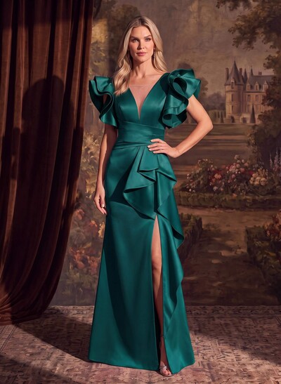 Trumpet/Mermaid V-Neck Satin Mother Of The Bride Dresses With Cascading Ruffles