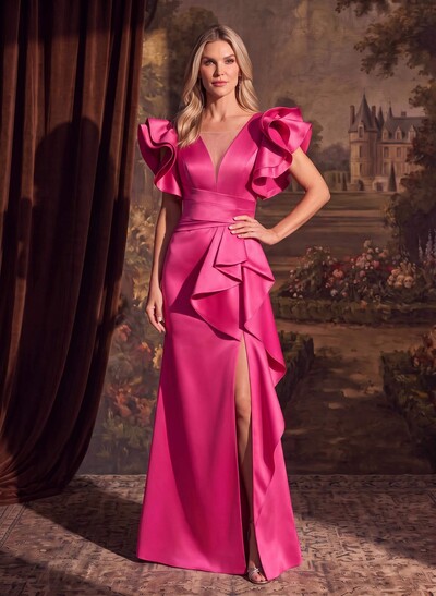 Trumpet/Mermaid V-Neck Satin Mother Of The Bride Dresses With Cascading Ruffles