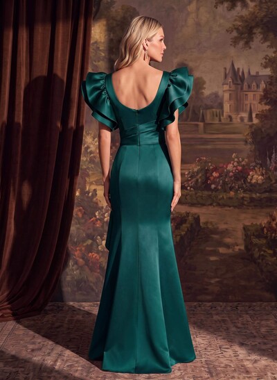 Trumpet/Mermaid V-Neck Satin Mother Of The Bride Dresses With Cascading Ruffles