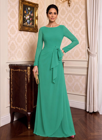Sheath/Column Scoop Neck Long Sleeves Stretch Chiffon Mother Of The Bride Dresses