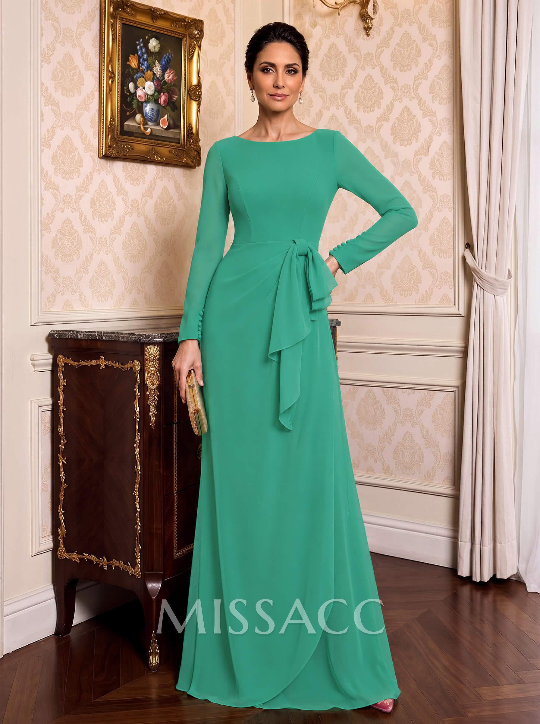 Sheath/Column Scoop Neck Long Sleeves Stretch Chiffon Mother Of The Bride Dresses