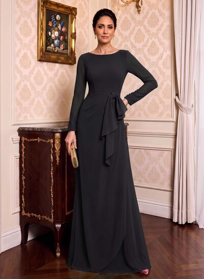 Sheath/Column Scoop Neck Long Sleeves Stretch Chiffon Mother Of The Bride Dresses