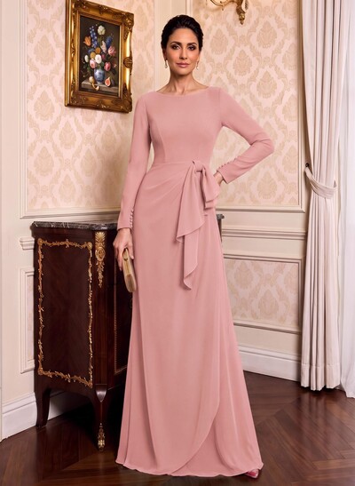 Sheath/Column Scoop Neck Long Sleeves Stretch Chiffon Mother Of The Bride Dresses