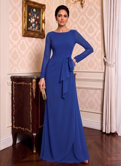 Sheath/Column Scoop Neck Long Sleeves Stretch Chiffon Mother Of The Bride Dresses