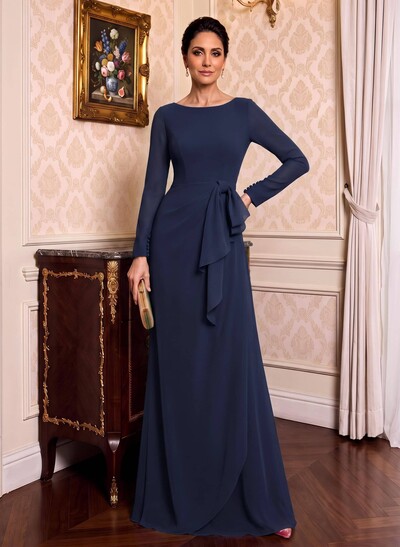 Sheath/Column Scoop Neck Long Sleeves Stretch Chiffon Mother Of The Bride Dresses