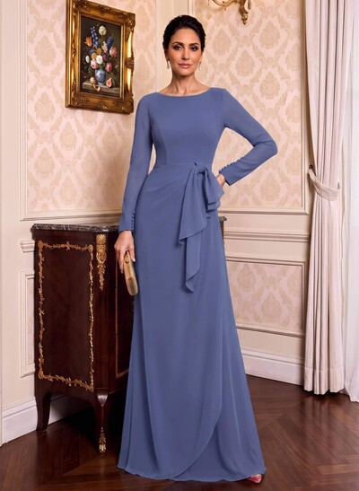 Sheath/Column Scoop Neck Long Sleeves Stretch Chiffon Mother Of The Bride Dresses
