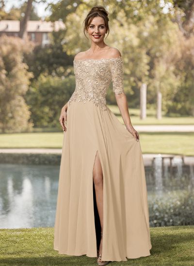 A-Line Off-The-Shoulder 1/2 Sleeves Mother Of The Bride Dresses With Split Front