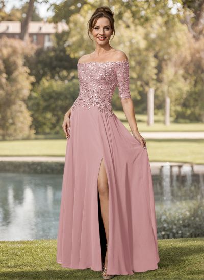 A-Line Off-The-Shoulder 1/2 Sleeves Mother Of The Bride Dresses With Split Front