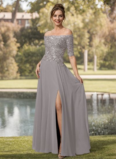 A-Line Off-The-Shoulder 1/2 Sleeves Mother Of The Bride Dresses With Split Front