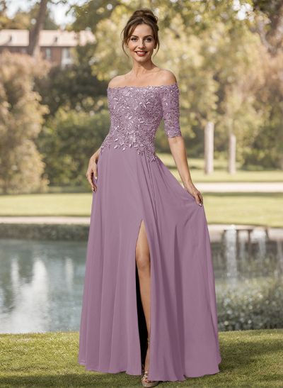 A-Line Off-The-Shoulder 1/2 Sleeves Mother Of The Bride Dresses With Split Front