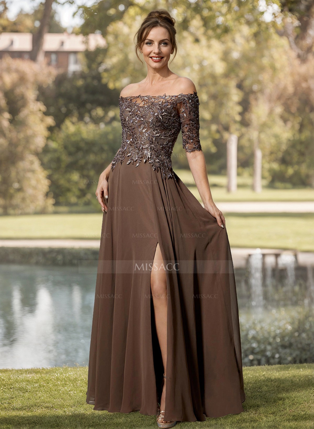 A-Line Off-The-Shoulder 1/2 Sleeves Mother Of The Bride Dresses With Split Front