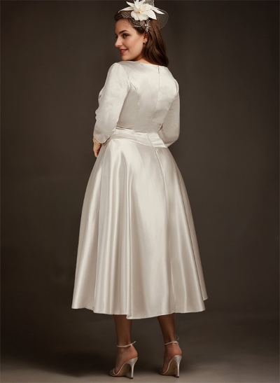 A-Line V-Neck 3/4 Sleeves Tea-Length Matte Satin(Non-Stretch) Mother Of The Bride Dresses