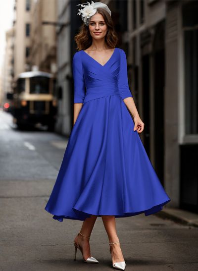 A-Line V-Neck 3/4 Sleeves Tea-Length Matte Satin(Non-Stretch) Mother Of The Bride Dresses