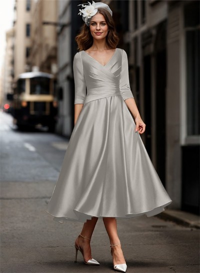 A-Line V-Neck 3/4 Sleeves Tea-Length Satin Mother Of The Bride Dresses