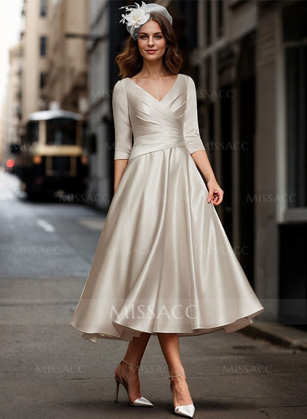 A-Line V-Neck 3/4 Sleeves Tea-Length Matte Satin(Non-Stretch) Mother Of The Bride Dresses