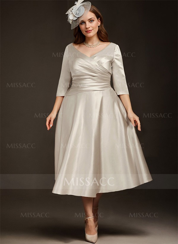 A-Line V-Neck 3/4 Sleeves Tea-Length Matte Satin(Non-Stretch) Mother Of The Bride Dresses