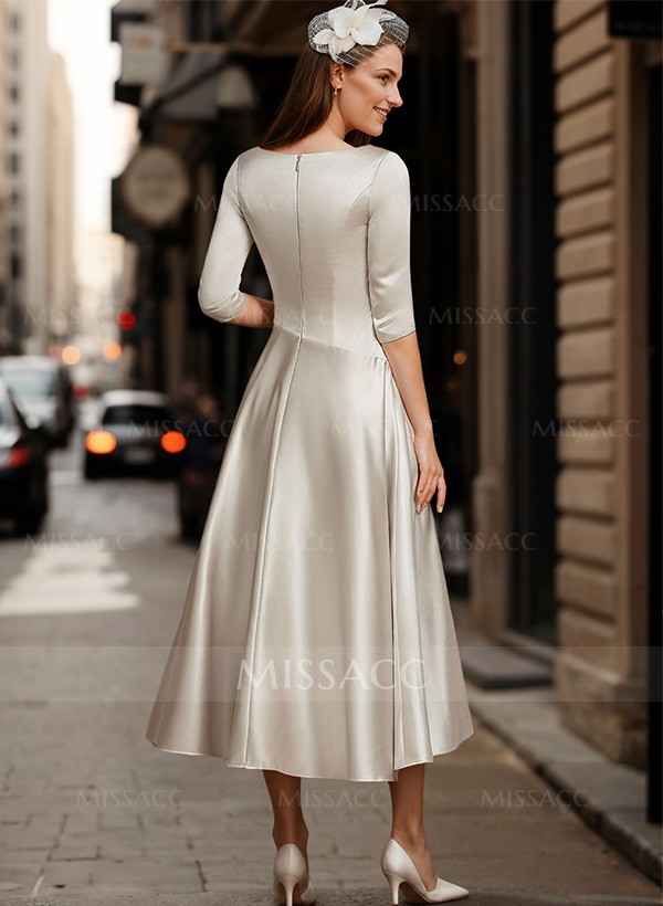 A-Line V-Neck 3/4 Sleeves Tea-Length Matte Satin(Non-Stretch) Mother Of The Bride Dresses