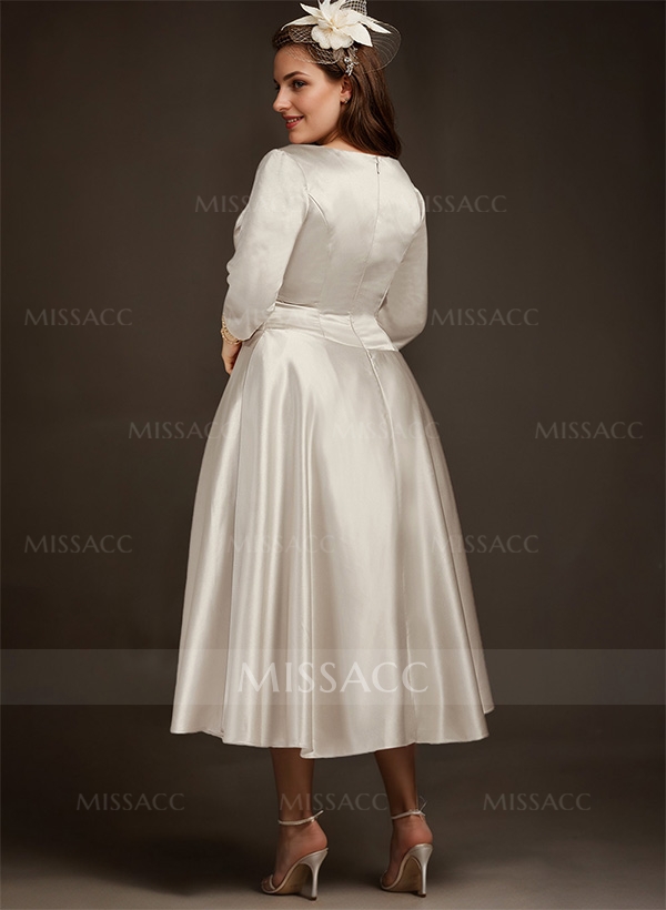 A-Line V-Neck 3/4 Sleeves Tea-Length Matte Satin(Non-Stretch) Mother Of The Bride Dresses