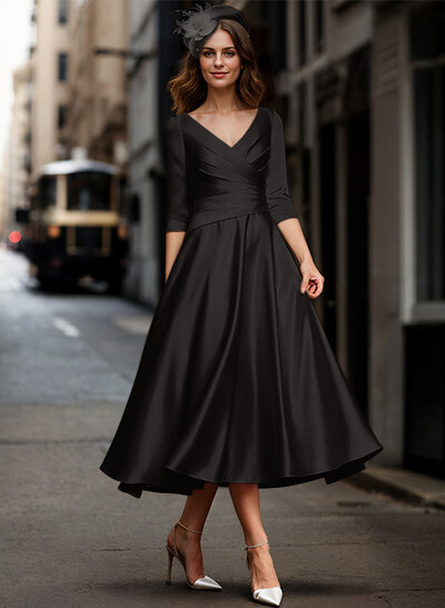 A-Line V-Neck 3/4 Sleeves Tea-Length Matte Satin(Non-Stretch) Mother Of The Bride Dresses