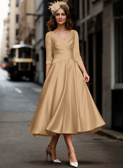 A-Line V-Neck 3/4 Sleeves Tea-Length Matte Satin(Non-Stretch) Mother Of The Bride Dresses