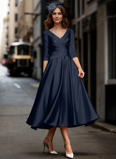 A-Line V-Neck 3/4 Sleeves Tea-Length Matte Satin(Non-Stretch) Mother Of The Bride Dresses