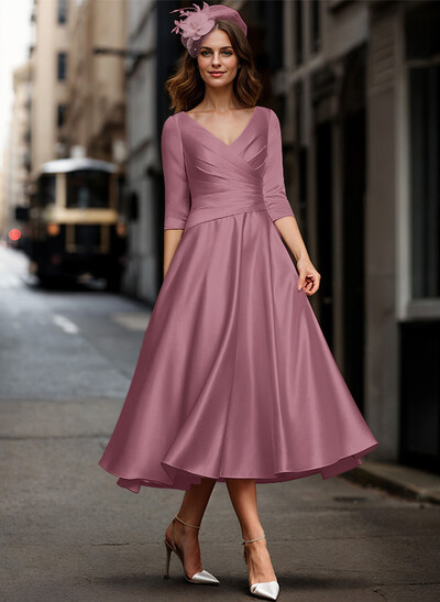 A-Line V-Neck 3/4 Sleeves Tea-Length Matte Satin(Non-Stretch) Mother Of The Bride Dresses