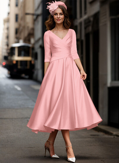 A-Line V-Neck 3/4 Sleeves Tea-Length Matte Satin(Non-Stretch) Mother Of The Bride Dresses