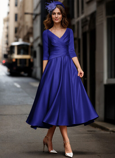 A-Line V-Neck 3/4 Sleeves Tea-Length Matte Satin(Non-Stretch) Mother Of The Bride Dresses