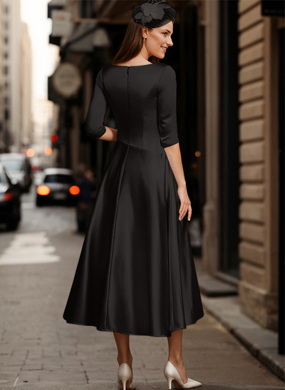 A-Line V-Neck 3/4 Sleeves Tea-Length Matte Satin(Non-Stretch) Mother Of The Bride Dresses