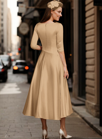 A-Line V-Neck 3/4 Sleeves Tea-Length Matte Satin(Non-Stretch) Mother Of The Bride Dresses