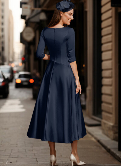 A-Line V-Neck 3/4 Sleeves Tea-Length Matte Satin(Non-Stretch) Mother Of The Bride Dresses