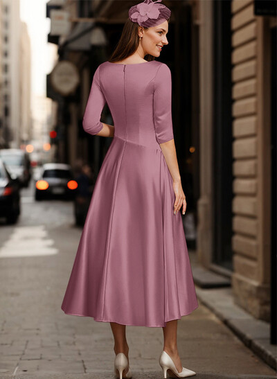 A-Line V-Neck 3/4 Sleeves Tea-Length Matte Satin(Non-Stretch) Mother Of The Bride Dresses