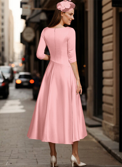 A-Line V-Neck 3/4 Sleeves Tea-Length Matte Satin(Non-Stretch) Mother Of The Bride Dresses