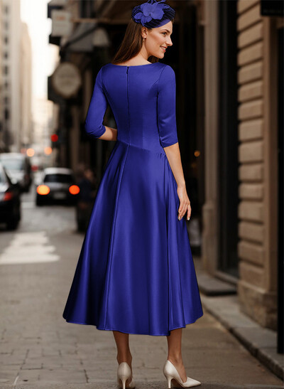 A-Line V-Neck 3/4 Sleeves Tea-Length Matte Satin(Non-Stretch) Mother Of The Bride Dresses