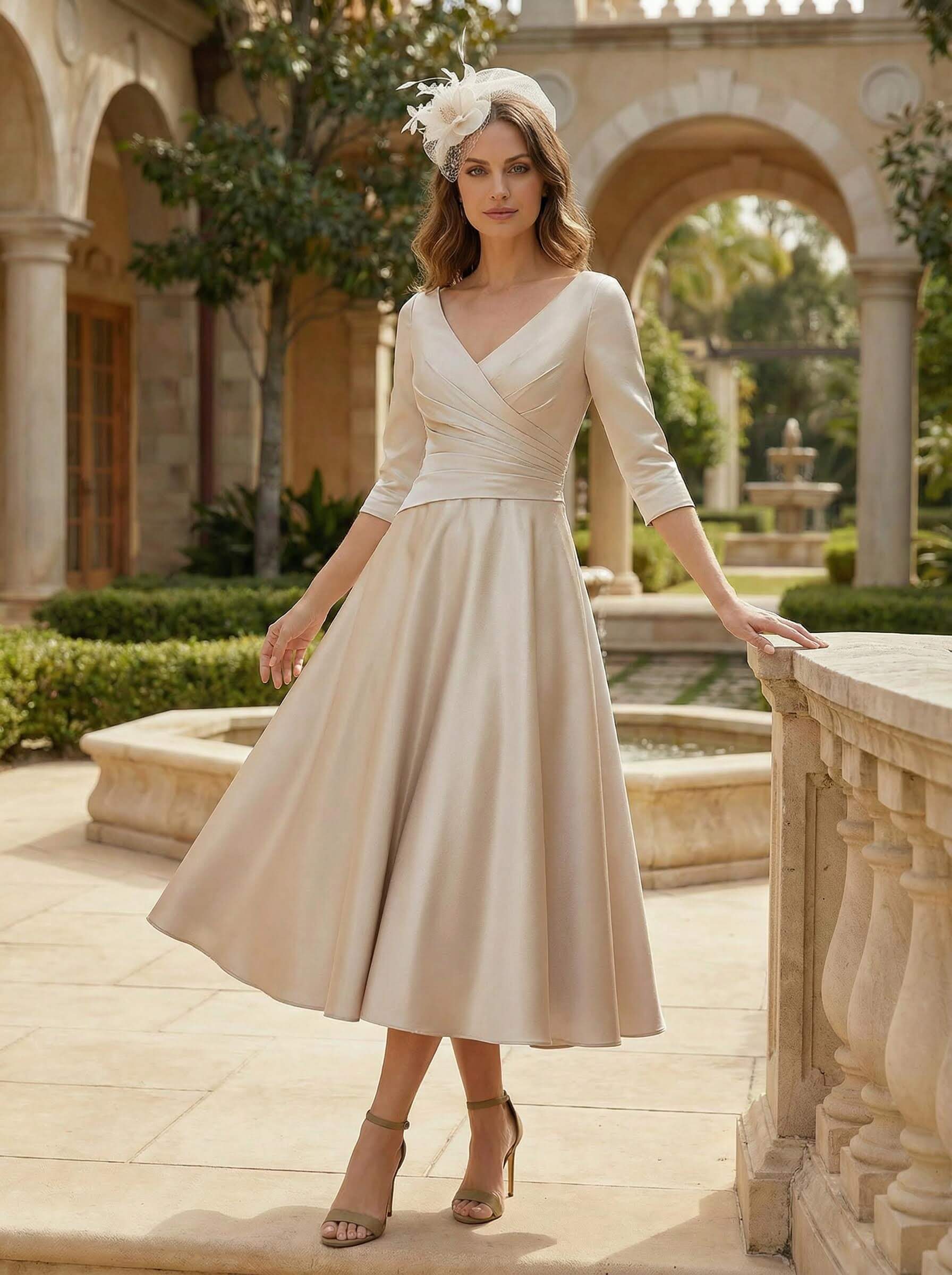 A-Line V-Neck 3/4 Sleeves Tea-Length Matte Satin(Non-Stretch) Mother Of The Bride Dresses