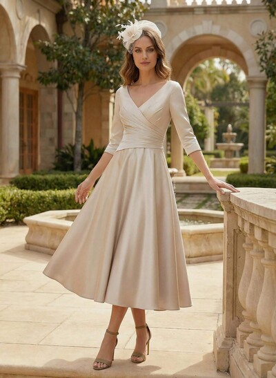 A-Line V-Neck 3/4 Sleeves Tea-Length Matte Satin(Non-Stretch) Mother Of The Bride Dresses