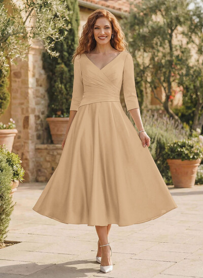 A-Line V-Neck 3/4 Sleeves Tea-Length Matte Satin(Non-Stretch) Mother Of The Bride Dresses