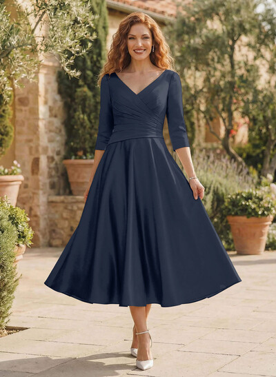 A-Line V-Neck 3/4 Sleeves Tea-Length Matte Satin(Non-Stretch) Mother Of The Bride Dresses