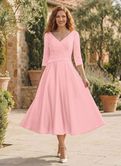 A-Line V-Neck 3/4 Sleeves Tea-Length Matte Satin(Non-Stretch) Mother Of The Bride Dresses